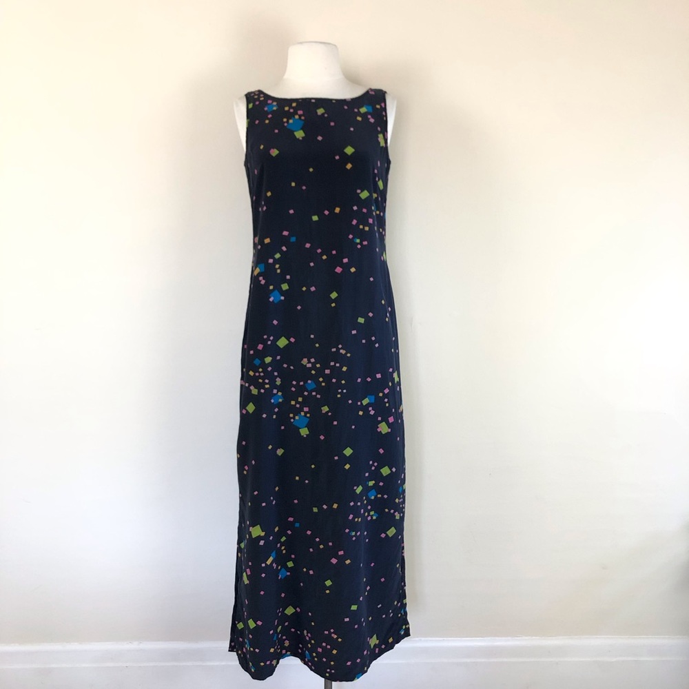 vintage 90s silk abstract geometric square print maxi dress normcore grunge y2k - Picture 2 of 12